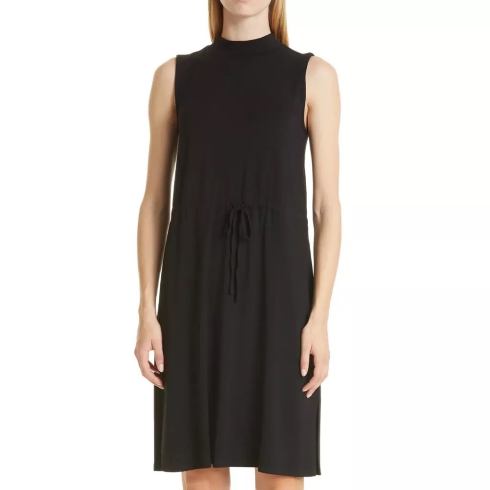 EILEEN FISHER Mock Neck Tie Waist Sleeveless Dress in Black